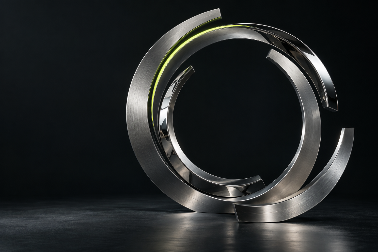 Sculptural silver arcs aligned around a central axis